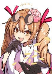 1girl amisu black_gloves brown_hair drill_hair eyewear_on_head gloves highres looking_at_viewer simple_background smile solo touhou white_background yorigami_jo&#039;on