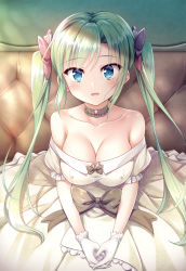 Rule 34 | 1girl, :d, aqua hair, bare shoulders, black choker, blue eyes, blush, bow, breasts, brooch, choker, cleavage, collarbone, couch, day, dress, frilled sleeves, frills, gem, gloves, hair bow, highres, indoors, jewelry, long hair, medium breasts, off-shoulder dress, off shoulder, on couch, open mouth, original, own hands together, pink bow, short sleeves, sidelocks, sitting, smile, solo, strapless, strapless dress, sunlight, twintails, very long hair, white gloves, yellow dress, yuurei yashiki