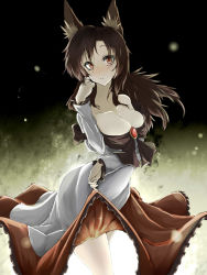 Rule 34 | 1girl, animal ears, backlighting, blush, breasts, brooch, brown hair, cleavage, clothes lift, collarbone, dark, dress, dress lift, female focus, frilled dress, frills, grass, grey dress, hand in own hair, highres, imaizumi kagerou, jewelry, large breasts, light particles, long neck, long sleeves, looking at viewer, multicolored clothes, multicolored dress, off shoulder, red dress, red eyes, smile, solo, thighs, touhou, watchi, wolf ears