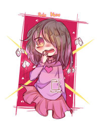 Rule 34 | background-color, bete noire, brown hair, clothes, glitchtale, orange eyes, pink hair, pink shirt, pink skirt, purple shirt, shirt, short sleeves, skirt, wearing clothes, white background