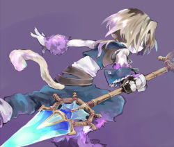 Rule 34 | 00s, 1boy, aqua eyes, bad id, bad pixiv id, bare shoulders, belt, blonde hair, blue pants, blue vest, closed mouth, expressionless, final fantasy, final fantasy ix, foreshortening, from behind, hair tie, holding, holding weapon, long hair, low ponytail, male focus, outstretched arms, pale skin, pants, polearm, purple background, running, shaded face, sidelocks, simple background, sleeveless, solo, soto, spear, trance zidane tribal, vest, weapon, wrist cuffs, zidane tribal