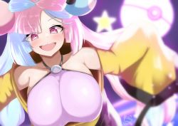 Rule 34 | 1girl, absurdres, alternate breast size, aqua hair, bow-shaped hair, breasts, character hair ornament, creatures (company), game freak, hair ornament, highres, iono (pokemon), jacket, large breasts, long hair, low-tied long hair, multicolored hair, nintendo, oversized clothes, pink hair, pokemon, pokemon sv, polyhedron2, sharp teeth, shirt, sleeveless, sleeveless shirt, sleeves past wrists, solo, teeth, yellow jacket