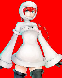Rule 34 | 1girl, android, black footwear, black gloves, black shorts, blue eyes, boots, bright pupils, detached hair, gloves, gokulkrishna, hair between eyes, hair intakes, heart, highres, hood, hood up, hoodie, long sleeves, outstretched arms, persona, persona 5, persona 5 scramble: the phantom strikers, ponytail, red background, red hair, short shorts, shorts, simple background, sophia (p5s), thigh boots, thighhighs, white hoodie, white pupils, wide sleeves