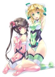 Rule 34 | 10s, 2girls, :&lt;, :d, akatsuki kirika, armpits, arms up, ass, black hair, blonde hair, blunt bangs, bodysuit, bow, breasts, butt crack, covered navel, elbow gloves, feet, from behind, gloves, green eyes, hair bow, hair ornament, hands on own chest, highres, kneeling, large breasts, leotard, long hair, looking back, multiple girls, nagayori, no shoes, open mouth, pink eyes, pink legwear, senki zesshou symphogear, short hair, simple background, sitting, small breasts, smile, striped clothes, striped legwear, striped thighhighs, thighhighs, tsukuyomi shirabe, turtleneck, wariza, white background