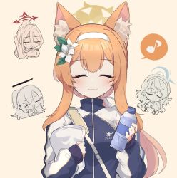 Rule 34 | 4girls, ako (blue archive), animal ear fluff, animal ears, blue archive, bottle, closed eyes, closed mouth, facing viewer, flower, hair flower, hair ornament, hair ribbon, hairband, halo, hasumi (blue archive), hasumi (track) (blue archive), holding, holding bottle, holding towel, jacket, light blush, long hair, long sleeves, mari (blue archive), mari (track) (blue archive), multicolored clothes, multicolored jacket, multiple girls, multiple views, musical note, orange hair, ribbon, sidelocks, simple background, smile, solo focus, spoken musical note, towel, track jacket, two-tone jacket, water bottle, white flower, white hairband, white ribbon, wotakana s, yuuka (blue archive), yuuka (track) (blue archive)