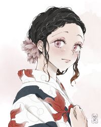 Rule 34 | 1girl, alternate hairstyle, animal print, blush, braid, braided bangs, closed mouth, colored tips, eyelashes, eyeshadow, fish print, flower, from side, hair ornament, hand on own chest, hand up, japanese clothes, kamado nezuko, kimetsu no yaiba, kimono, looking at viewer, looking to the side, makeup, multicolored hair, orange hair, pink eyes, pink flower, smile, solo, streaked hair, updo, upper body, uz24, white background