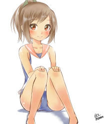 Rule 34 | 10s, 1girl, artist request, blush, brown eyes, brown hair, hands on own knees, highres, i-401 (kancolle), kantai collection, ponytail, sailor collar, school swimsuit, simple background, sitting, smile, solo, swimsuit, swimsuit under clothes, twitter username, white background, yoshiki (bpmaxm)