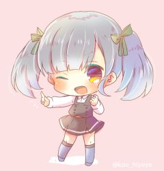 Rule 34 | 1girl, ;d, black dress, blue socks, blush, bow, brown background, brown eyes, chibi, collared shirt, commentary request, dress, full body, green bow, hair bow, index finger raised, kantai collection, kneehighs, kou hiyoyo, long sleeves, one eye closed, ooshio (kancolle), ooshio kai ni (kancolle), open mouth, outstretched arm, pinafore dress, pleated dress, shirt, silver hair, sleeveless, sleeveless dress, smile, socks, solo, standing, twintails, twitter username, v-shaped eyebrows, white shirt