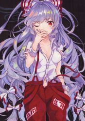 Rule 34 | 1girl, black background, blue hair, bow, breasts, cigarette, cleavage, collarbone, covering own mouth, fujiwara no mokou, hair bow, hand in pocket, hand over own mouth, highres, kittona, long hair, looking at viewer, low-tied long hair, medium breasts, messy hair, millipen (medium), navel, ofuda, one eye closed, open fly, painting (medium), red eyes, simple background, smoke, smoking, solo, suspenders, suspenders slip, torn clothes, torn sleeves, touhou, traditional media, unbuttoned, unbuttoned shirt, very long hair, watercolor (medium), watercolor pencil (medium), wing collar, wrist cuffs