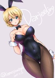 Rule 34 | 1girl, :d, alternate costume, animal ears, bare shoulders, black leotard, black pantyhose, blonde hair, blue eyes, blush, bow, bowtie, braid, breasts, character name, cleavage, clothes tug, collarbone, covered navel, darjeeling (girls und panzer), dated, detached collar, dutch angle, fake animal ears, fishnet pantyhose, fishnets, french braid, girls und panzer, grey background, hair between eyes, highleg, highleg leotard, hip focus, impossible clothes, impossible leotard, kamogawa tanuki, large breasts, leotard, looking at viewer, open mouth, pantyhose, playboy bunny, rabbit ears, shiny clothes, short hair, side-tie leotard, signature, simple background, smile, solo, thigh gap, thighs, twitter username, wrist cuffs