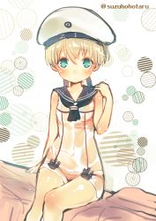 Rule 34 | 10s, 1girl, anchor, beret, blue eyes, blush, frown, hand on own shoulder, hat, kantai collection, looking at viewer, neckerchief, no legwear, no pants, sailor collar, sailor hat, short hair, simple background, sitting, sleeveless, solo, suzuho hotaru, twitter username, wavy mouth, white hair, white hat, z1 leberecht maass (kancolle)