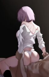 Rule 34 | 1boy, 1girl, absurdres, ass, back, bare shoulders, breasts, clothed female nude male, clothed sex, fate/grand order, fate (series), girl on top, hetero, highres, kneehighs, large breasts, long sleeves, mairudo (mildcoffee1117), mash kyrielight, nude, off shoulder, panties, purple hair, reverse cowgirl position, sex, sex from behind, shirt, short hair, socks, straddling, thighs, underwear, white panties, white shirt