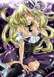 Rule 34 | 1girl, bare shoulders, between legs, black thighhighs, blonde hair, breasts, checkered background, choker, cleavage, collarbone, detached sleeves, dress, fang, finger to mouth, fingernails, glowing, glowing eye, hair over one eye, hand between legs, hat, hat ribbon, highres, long hair, looking at viewer, open mouth, pandora (p&amp;d), purple background, purple dress, purple hat, puzzle &amp; dragons, red eyes, ribbon, short sleeves, smile, solo, thighhighs, unsui (inamint), white ribbon, zettai ryouiki