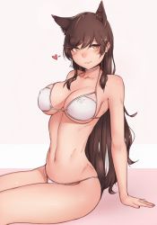 Rule 34 | 1girl, animal ears, armpits, atago (azur lane), atago (summer march) (azur lane), azur lane, bad proportions, bare arms, bare shoulders, bikini, bluefield, breasts, brown hair, choker, cleavage, collarbone, feet out of frame, groin, hair ornament, heart, highres, large breasts, long hair, looking at viewer, mole, mole under eye, navel, pink background, shiny skin, sitting, solo, stomach, string bikini, swept bangs, swimsuit, thighs, white bikini, white choker, yellow eyes