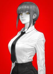 Rule 34 | 1girl, absurdres, black necktie, black pants, braid, braided ponytail, breasts, chainsaw man, collared shirt, dbrhk0506, grey hair, highres, large breasts, limited palette, looking at viewer, makima (chainsaw man), medium hair, necktie, pants, red background, ringed eyes, shirt, shirt tucked in, simple background, smile, solo, white shirt, yellow eyes