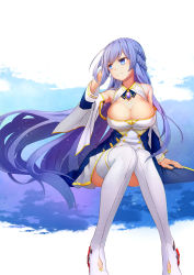 Rule 34 | 1girl, absurdres, azur lane, bare shoulders, blue eyes, boots, braid, breasts, brooch, cleavage, detached sleeves, hand in own hair, highres, jewelry, large breasts, long hair, ninsaki (9saki), purple hair, rodney (azur lane), sitting, smile, solo, thigh boots, thighhighs, very long hair, white thighhighs
