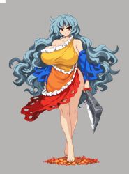 Rule 34 | 1girl, autumn leaves, bare legs, bare shoulders, barefoot, breasts, commentary request, detached sleeves, dress, frown, grey background, hatchet, holding, holding weapon, huge breasts, long hair, looking at viewer, lowres, multicolored clothes, multicolored dress, namako daibakuhatsu, nata (tool), pixel art, red eyes, sakata nemuno, silver hair, simple background, single strap, solo, standing, touhou, very long hair, wavy hair, weapon, wide hips, wide sleeves