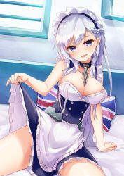 Rule 34 | 1girl, :d, apron, arm support, azur lane, bare shoulders, bed, bed invitation, bed sheet, belfast (azur lane), blue eyes, blue skirt, blush, braid, breasts, chain, cleavage, clothes lift, collar, corset, french braid, frilled apron, frilled skirt, frills, head tilt, highres, indoors, large breasts, leaning back, lifted by self, long hair, looking at viewer, maid headdress, on bed, open mouth, osisio, pillow, silver hair, sitting, skirt, skirt lift, smile, solo, spread legs, thighs, union jack, very long hair, waist apron, window