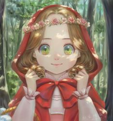 Rule 34 | 1girl, artist name, basket, brown hair, capelet, closed mouth, dappled sunlight, dated, day, flower, flower wreath, forest, frilled sleeves, frills, green eyes, head wreath, highres, hood, hood up, hooded capelet, little red riding hood, little red riding hood (grimm), long hair, long sleeves, looking at viewer, nature, original, outdoors, parted bangs, peiyu zhou, pink flower, pink rose, rose, smile, solo, sunlight, tree, upper body