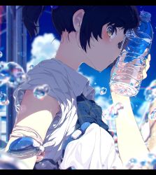 Rule 34 | 1girl, absurdres, black hair, blue eyes, blue sky, bottle, cloud, from side, hand up, highres, holding, holding bottle, looking at viewer, making-of available, ogipote, original, parted lips, shirt, short sleeves, sideways glance, sky, solo, upper body, water bottle, white shirt