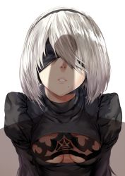 Rule 34 | 1girl, blindfold, breasts, cleavage, hairband, hews, lips, mole, mole under mouth, nier (series), nier:automata, penis, shadow, short hair, silver hair, small breasts, solo, solo focus, upper body, 2b (nier:automata)