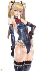 Rule 34 | 1girl, absurdres, arm behind back, armpits, bare shoulders, black gloves, blonde hair, blue eyes, blue one-piece swimsuit, blue thighhighs, bodysuit, bow, bowtie, breasts, buckle, cameltoe, covered navel, cowboy shot, cross-laced clothes, dead or alive, dead or alive 5, detached sleeves, frilled thighhighs, frills, gloves, groin, hair between eyes, hair ornament, hair ribbon, hairclip, halterneck, hand on own hip, highleg, highleg leotard, highres, leotard, long hair, looking at viewer, marie rose, o-ring, one-piece swimsuit, parted lips, partially visible vulva, ribbon, shiny clothes, sideboob, sidelocks, signature, simple background, skin tight, small breasts, smile, solo, swimsuit, taut clothes, thighhighs, turtleneck, twintails, white background, yd (orange maru)