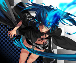 Rule 34 | 10s, 1girl, belt, bikini, black hair, black rock shooter, black rock shooter (character), blue eyes, blue hair, coat, female focus, flat chest, glowing, glowing eyes, halftone, halftone background, long hair, matching hair/eyes, navel, onozawa, scar, shorts, solo, swimsuit, twintails, uneven twintails, very long hair