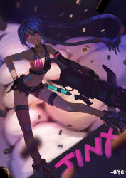 Rule 34 | 1girl, absurdres, blue hair, boots, braid, bullet, character name, female focus, highres, jinx (league of legends), league of legends, long hair, looking at viewer, pink eyes, solo, twin braids, weapon, y (wuhanyxt)