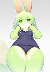 Rule 34 | 1girl, :o, absurdres, animal ears, blue one-piece swimsuit, bodysuit, breasts, commentary, dated, furry, furry female, gradient background, green eyes, green fur, grey background, highres, kishibe, looking at viewer, medium breasts, one-piece swimsuit, original, rabbit ears, rabbit girl, short hair, signature, solo, swimsuit, symbol-only commentary, tail, thick thighs, thighs
