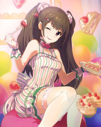 Rule 34 | 10s, 1girl, ;p, bow, brown hair, cake, cake slice, dress, eating, food, food-themed hair ornament, food on face, fork, frills, fruit, hair ornament, hairclip, long hair, looking at viewer, ninomiya hitomi (wake up girls!), official art, one eye closed, purple eyes, sitting, solo, strawberry, strawberry hair ornament, strawberry shortcake, striped clothes, striped dress, thighhighs, tongue, tongue out, twintails, vertical-striped clothes, vertical-striped dress, wake up girls!, wake up girls! stage no tenshi, white thighhighs, zettai ryouiki