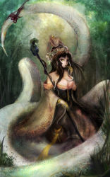 Rule 34 | 10s, 1girl, 2013, alternate costume, bare shoulders, black hair, breasts, brown hair, cassiopeia (league of legends), claws, cleavage, finger to mouth, grass, hat, highres, lamia, league of legends, long hair, monster girl, open mouth, robe, snake, solo, staff, weapon, yellow eyes, zhang xiao bo