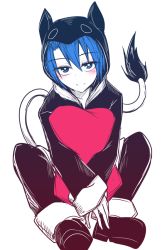 Rule 34 | 1girl, alternate costume, blue eyes, blue hair, blush, doremy sweet, full body, head tilt, hooded, kuroba rapid, looking at viewer, matching hair/eyes, hugging object, pajamas, pillow, pillow hug, short hair, simple background, sitting, smile, solo, tail, touhou, white background