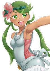 Rule 34 | 1girl, :d, armpits, breasts, creatures (company), dark-skinned female, dark skin, flower, game freak, green eyes, green hair, hair flower, hair ornament, long hair, mallow (pokemon), matching hair/eyes, nintendo, open mouth, outstretched arm, pokemon, pokemon sm, sazanami tarou, simple background, small breasts, smile, solo, trial captain, twintails, white background