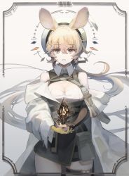 Rule 34 | 1girl, absurdres, animal ears, arknights, asymmetrical gloves, black gloves, black skirt, blonde hair, breasts, cleavage, collar, dorothy (arknights), gloves, hair between eyes, hat, highres, iasimo, jacket, large breasts, long hair, looking at viewer, mismatched gloves, mouse ears, mouse girl, off shoulder, open clothes, open jacket, originium (arknights), panties, shirt, skindentation, skirt, solo, straight-on, thigh strap, underwear, white collar, white hat, white jacket, white shirt, yellow gloves