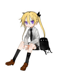 Rule 34 | &lt;o&gt; &lt;o&gt;, 1girl, :o, artist request, between legs, black neckwear, black ribbon, black skirt, black socks, blonde hair, brown footwear, collared shirt, creature, dot nose, expressionless, foot dangle, from side, full body, grey shirt, hair between eyes, hair ornament, hair ribbon, hand between legs, invisible chair, kill me baby, kneehighs, loafers, long hair, long sleeves, looking at viewer, necktie, parted lips, pleated skirt, purple eyes, ribbon, school uniform, shirt, shoes, simple background, sitting, skirt, sleeve cuffs, socks, sonya (kill me baby), tsurime, twintails, uniform, white background, wing collar
