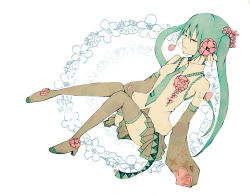 Rule 34 | 1girl, aqua hair, bad id, bad pixiv id, detached sleeves, closed eyes, female focus, flat color, flower, full body, hair flower, hair ornament, hatsune miku, long hair, sitting, skirt, solo, thighhighs, twintails, vocaloid, white background, zettai ryouiki