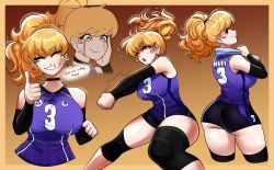 Rule 34 | 1girl, absurdres, ass, black shorts, black sleeves, blonde hair, breasts, brown background, cowboy shot, cropped torso, detached sleeves, english text, feet out of frame, gradient background, highres, large breasts, multiple views, one eye closed, original, ponytail, print shirt, purple shirt, rumblyf, shirt, shorts, sleeveless, sleeveless shirt, tears