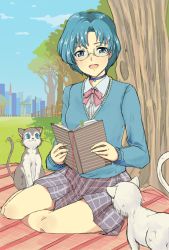 Rule 34 | 1girl, animal, bespectacled, bishoujo senshi sailor moon, blue eyes, blue hair, book, bow, bowtie, cat, choker, glasses, looking at viewer, matching hair/eyes, mizuno ami, open book, outdoors, park, parted bangs, plaid, plaid skirt, red bow, short hair, skirt, smile, solo, tree, tsubobot, under tree