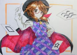 Rule 34 | 1girl, beluo77, bolo tie, brown hair, cape, colored pencil (medium), floating cape, glasses, graphite (medium), hand up, hat, long sleeves, low twintails, marker (medium), medium hair, plaid, plaid skirt, plaid vest, pointing, pointing up, purple vest, red-framed eyewear, school uniform, semi-rimless eyewear, shirt, simple background, skirt, solo, touhou, traditional media, twintails, under-rim eyewear, usami sumireko, vest, white background, white shirt, zener card
