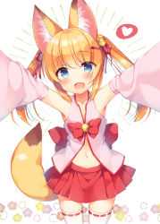Rule 34 | 1girl, :d, animal ear fluff, animal ears, arms up, bell, blue eyes, blush, bow, commentary request, detached sleeves, fang, floral background, fox ears, fox tail, hair bell, hair ornament, hair ribbon, hairclip, heart, jingle bell, kemomimi oukoku kokuei housou, long hair, looking at viewer, navel, nekomasu (kemomimi vr channel), open mouth, outstretched arms, red skirt, ribbon, ribbon-trimmed legwear, ribbon trim, sazaki ichiri, simple background, skirt, smile, solo, spoken heart, tail, thighhighs, twintails, virtual youtuber, white background, white thighhighs, wide sleeves