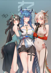 Rule 34 | absurdres, aqua dress, arknights, artist name, bead bracelet, beads, black gloves, black hair, black shorts, blue hair, blue horns, blush, bracelet, breasts, china dress, chinese clothes, closed mouth, coat, colored skin, commentary request, cup, dragon girl, dragon horns, dragon tail, dress, dusk (arknights), dusk (everything is a miracle) (arknights), earrings, fiery tail, gloves, gradient background, gradient skin, green horns, green skin, highres, holding, holding cup, horns, jewelry, ling (arknights), long hair, multicolored hair, necktie, nian (arknights), nian (unfettered freedom) (arknights), open clothes, open coat, pointy ears, purple eyes, red eyes, red horns, red skin, shorts, siblings, sleeveless, sleeveless dress, streaked hair, tail, tassel, tassel earrings, tierla, very long hair, white dress, white hair, yellow necktie