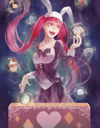 Rule 34 | 1girl, animal hood, bleach, box, bubble, rabbit hood, dokugamine riruka, folie (cac82622), food, hood, jellyfish, long hair, muffin, musical note, open mouth, quaver, red eyes, red hair, sky, smile, solo, star (sky), starry sky, sweets, twintails, very long hair