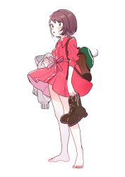 Rule 34 | 1girl, backpack, bag, barefoot, blush, bob cut, boots, brown bag, brown eyes, brown footwear, brown hair, buttons, cardigan, collared dress, commentary, creatures (company), dress, dripping, game freak, gloria (pokemon), green hat, grey cardigan, hagetapo, hat, holding, holding clothes, holding footwear, nintendo, pink dress, pokemon, pokemon swsh, short hair, solo, standing, sweat, tam o&#039; shanter, toes, unworn boots, unworn cardigan, unworn hat, unworn headwear