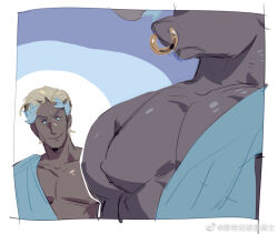 Rule 34 | 2boys, ancient greek clothes, artist request, asterius (hades), bara, bare pectorals, blonde hair, dark-skinned male, dark skin, from side, furry, furry male, furry with non-furry, greco-roman clothes, hades (series), head out of frame, interspecies, large pectorals, laurel crown, looking at pectorals, male focus, meme, minotaur, multiple boys, muscular, muscular male, nipples, nose piercing, nose ring, girl staring at guys chest (meme), pectorals, piercing, short hair, solid circle eyes, theseus (hades), thick eyebrows, upper body, yaoi
