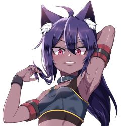 Rule 34 | 1girl, ahoge, animal ear fluff, animal ears, arm behind head, arm up, armband, armpit focus, armpits, bare shoulders, blue choker, blue collar, blue hair, blue shirt, blush, borrowed character, breasts, brown kemomimi-chan (krr), choker, collar, commentary request, crop top, dark-skinned female, dark skin, dungeon and fighter, fingernails, gloves, grey background, grin, hair between eyes, hand up, korean commentary, long hair, looking at viewer, midriff, original, parted lips, pink eyes, ponytail, purple hair, shirt, sidelocks, simple background, sleeveless, sleeveless shirt, small breasts, smile, solo, sports bra, sweat, teeth, ubo (dbsgurdbsk), upper body, v-shaped eyebrows, white shirt, wristband