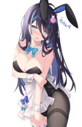 Rule 34 | 1girl, animal ears, apron, black hair, black hairband, black leotard, blue bow, blue eyes, blue hair, blue nails, blush, bow, breasts, cleavage, collar, commentary, detached collar, english commentary, fake animal ears, frilled apron, frills, grey pantyhose, hair ornament, hairband, hairclip, head tilt, heart, heart hair ornament, highres, hitsukuya, leotard, long hair, looking at viewer, medium breasts, multicolored hair, nail polish, original, pantyhose, parted lips, playboy bunny, rabbit ears, signature, simple background, single leg pantyhose, solo, strapless, strapless leotard, thighband pantyhose, two-tone hair, very long hair, wavy mouth, white apron, white background, white collar, wing collar, wrist cuffs, x hair ornament