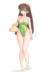 Rule 34 | 1girl, absurdres, barefoot, blue eyes, bow, breasts, brown hair, geraldjess1, hair bow, highres, kuonji ukyou, legs, navel, one-piece swimsuit, open mouth, ranma 1/2, shadow, simple background, solo, standing, swimsuit, white background, white bow