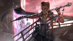 Rule 34 | 1girl, anniversary, apex legends, black bodysuit, black jacket, bloodhound (apex legends), bodysuit, braid, breasts, brown eyes, brown hair, cleavage, commentary, english commentary, eyeshadow, fuse (apex legends), gloves, grey gloves, hair behind ear, highres, holding, holding staff, hologram, ifragmentix, jacket, leaning to the side, loba (apex legends), long hair, makeup, medium breasts, mole, mole under mouth, octane (apex legends), official alternate costume, paper, petty theft loba, red eyeshadow, red hair, smile, solo, staff, twin braids, very long hair, wattson (apex legends), wraith (apex legends)