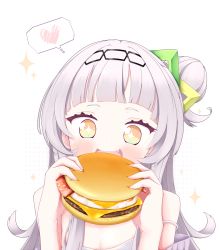 Rule 34 | + +, 1girl, alternate costume, blunt bangs, blush, breasts, burger, cleavage, cocozasa, commentary request, food, hair bun, hair ornament, heart, holding, holding food, hololive, long hair, murasaki shion, open mouth, silver hair, simple background, single hair bun, single side bun, solo, spoken heart, virtual youtuber, white background, yellow eyes
