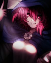 Rule 34 | 1girl, blurry, breasts, cape, depth of field, fixelcat, holding, holding weapon, lips, looking at viewer, medium breasts, onozuka komachi, parted lips, pink eyes, pink hair, scythe, smile, solo, touhou, upper body, weapon